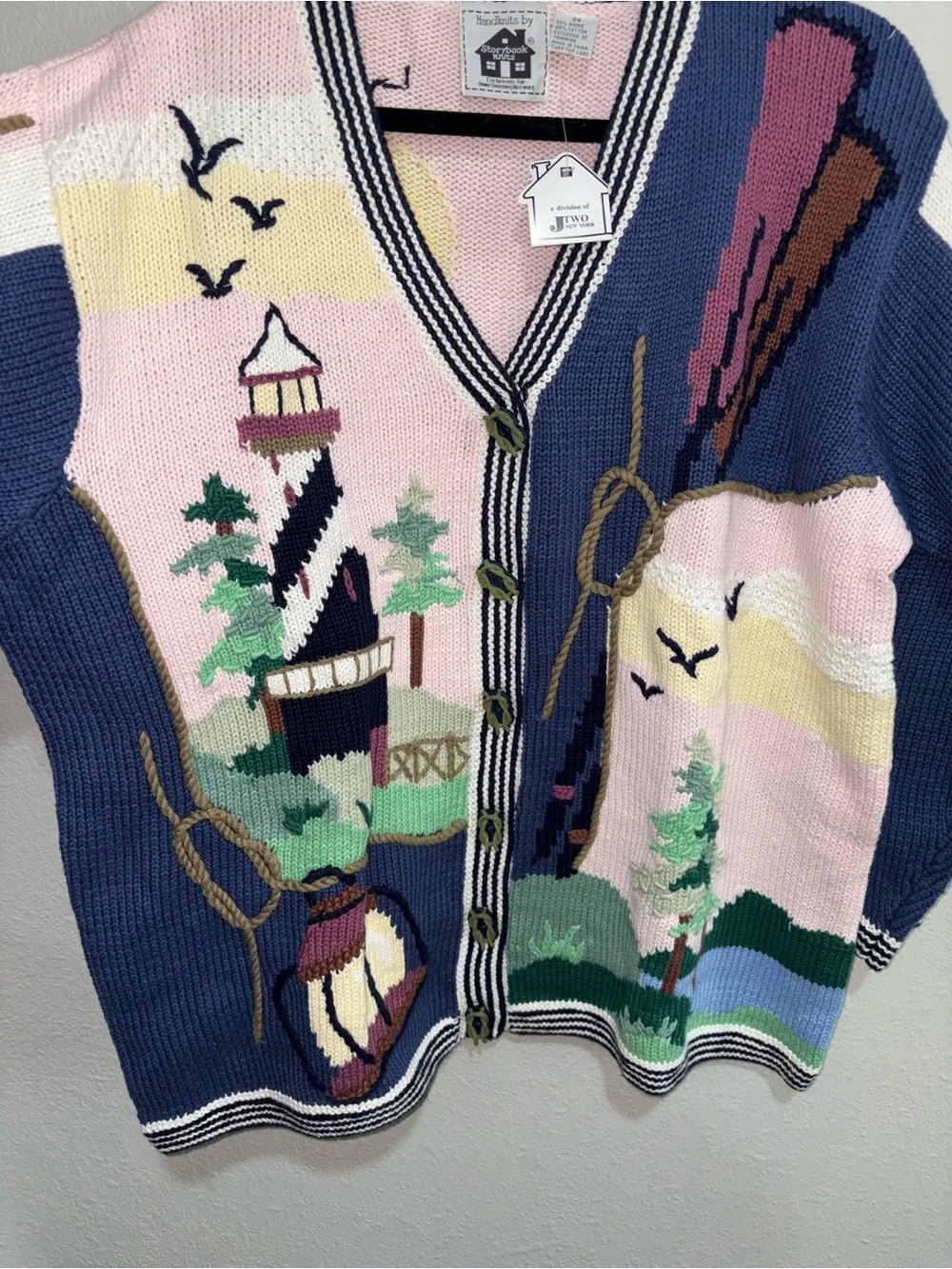 Storybook Knits Coastal Lighthouse Button-Front Cardigan - Blue, Pink & Cream